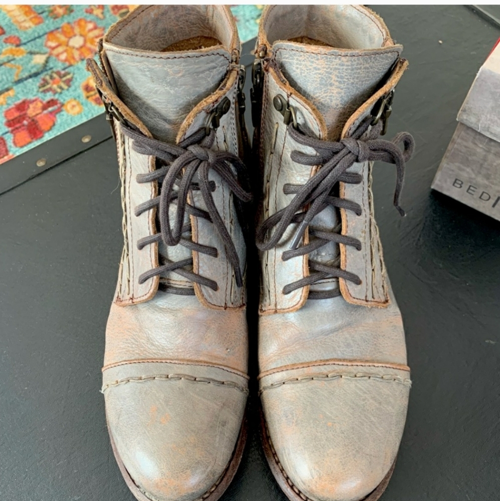 Bed Stu Gray and Brown Distressed Leather Lace-Up Ankle Boots
